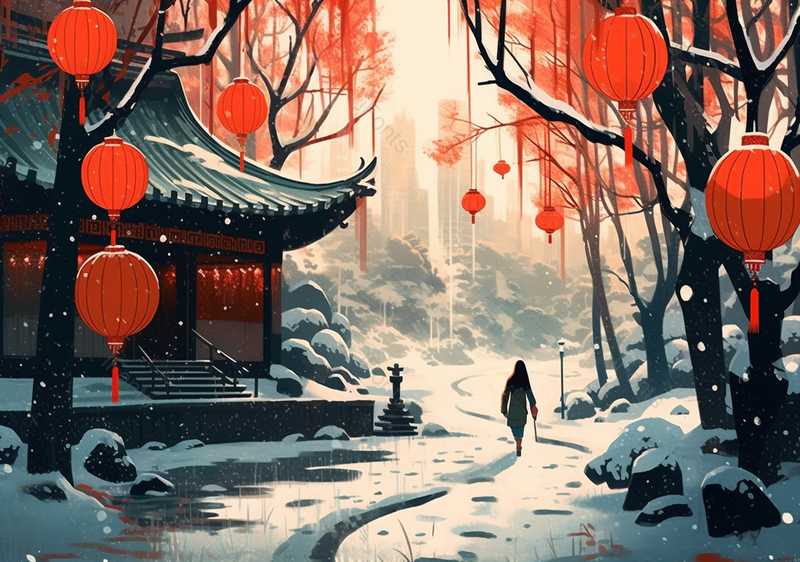 大雪下行走的人和古典建筑楼阁插画,插画/手绘图,插画/手绘图库,插画/手绘图下载,插画/手绘